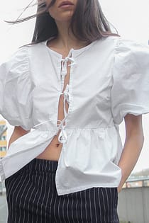 Cotton Puff Sleeve Tie Front Blouse