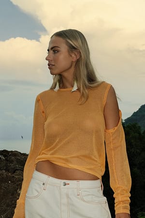 Light Orange Sheer Knitted Button Detail Sweater