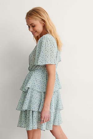 Blue Flower Print Triple Layer Flounce Dress