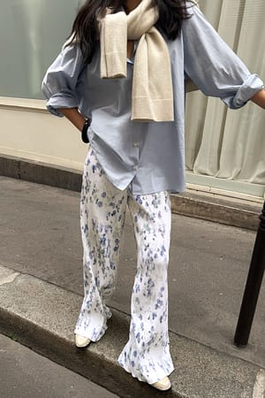 Blue Flower Print Plissee-Hose
