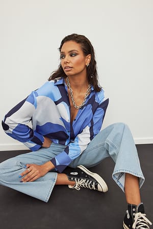 Blue/Print Blouse met brede manchetten