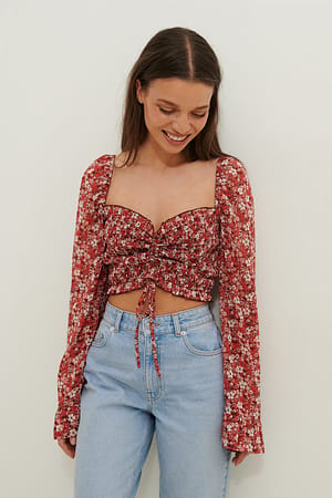Red Flower Blusa Smock De Manga Larga