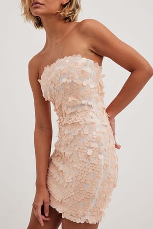 Cream Bandeau Sequin Mini Dress