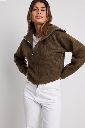 Brown Cárdigan de punto con cremallera y cuello grande
