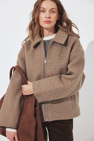 Taupe Veste zippée en tissu bouclé