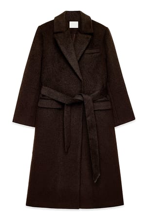 Brown Brushed Wool Blend Belted Coat