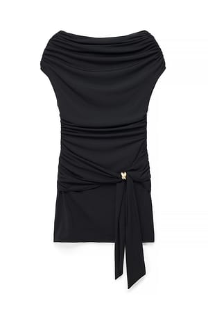 Black Buckle Detail Draped Mini Dress