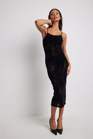 Black Burn Out Velvet Midi Dress