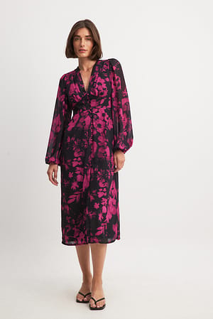Pink Floral Midikleid mit Knöpfen vorne
