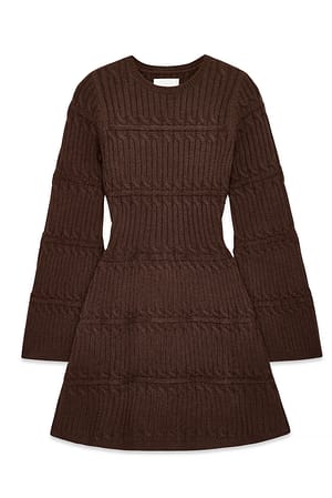 Dark Brown Kabelstickad miniklänning med vida ärmar
