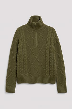 Burnt Olive Zopfstrickpullover mit Reißverschluss