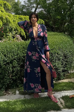 Navy Flower Chiffon Button Up Maxi Dress