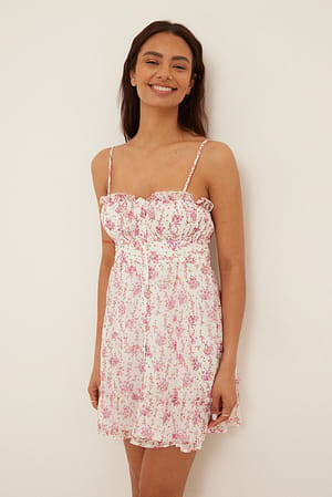 Pink Floral Volant-Minikleid aus Chiffon