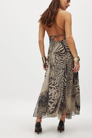Animal Print Chiffon Low Back Maxi Dress