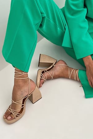 Beige Chubby Retro Strappy Heels