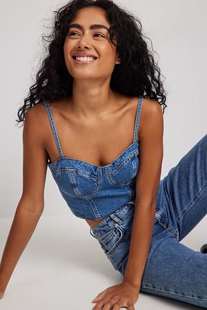 Mid Blue Corset Strap Detail Denim Top