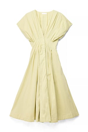 Light Green Katoenen geplooide midi-jurk met korte mouwen