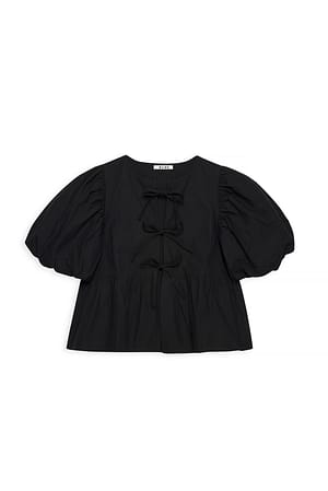 Black Blusa de algodón con mangas abullonadas y cierre atado