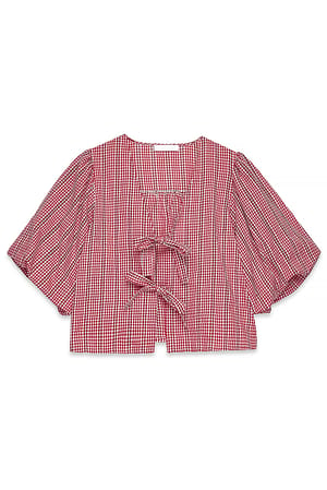 Red/White Blusa de algodón con escote en V y cierre atado