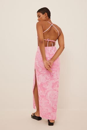Rose Print Denim Strap Dress