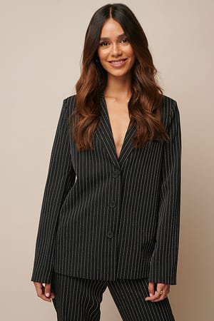 Black Pinstripe Pinstriped Straight Blazer