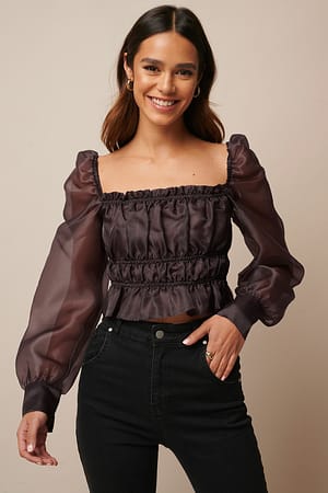 Smocked Long Sleeve Organza Blouse