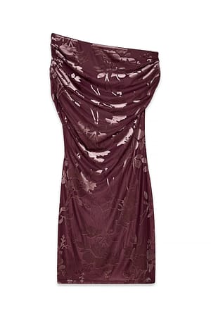 Dark Dusty Pink Minikleid mit drapierten Schultern und Burnout-Muster