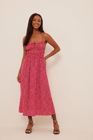 Red Floral Midikjole med snøring i brystet