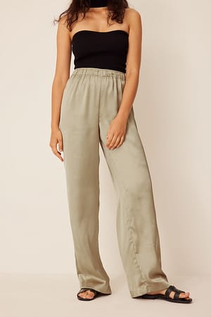 Grey/Beige Gerade Satinhose mit elastischer Taille