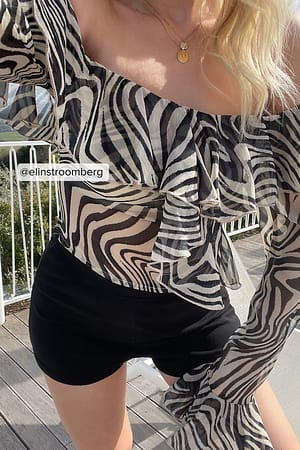 Animal Black Net Printed Chiffon Frill Blouse