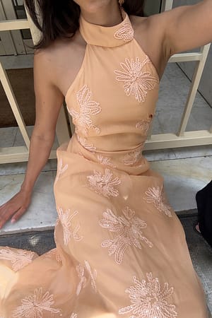 Peach Embellished Halterneck Maxi Dress