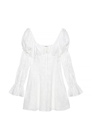 White Embroidered Ruched Sleeve Mini Dress