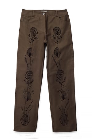 Dark Brown Embroidery Detail Twill Trousers