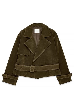 Deep Khaki kurzer Trenchcoat aus Kunst-Wildleder