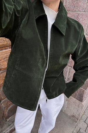 Dark Green Jakke i fuskeskinn med glidelås