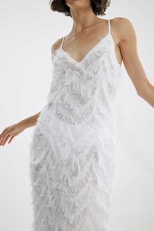 White Vestido maxi de plumas