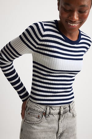 Navy/White Jersey de punto fino a rayas
