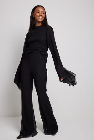 Black Flared Leg Textured Trousers