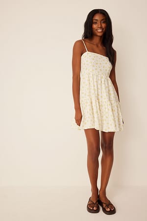 Yellow Flower Print Zwierige mini-jurk
