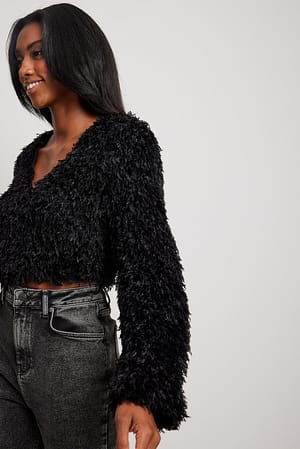 Black Fluffy V-neck Blouse
