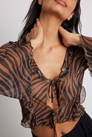 Brown Zebra Print Mesh-Cardigan mit Schnürdetail und Rüschen