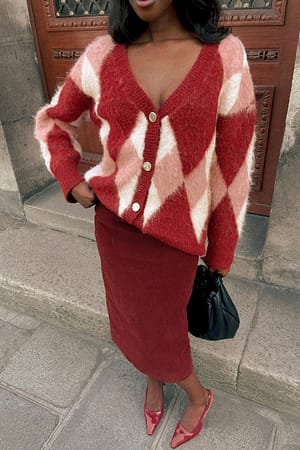 Burgundy/Pink Checks Cardigan mit Knopfleiste und Fuzzycuffs