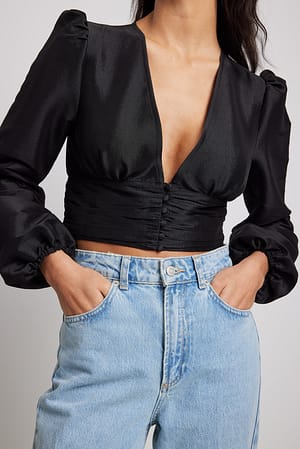 Black Bluse mit geraffter Taille und Ballonärmeln