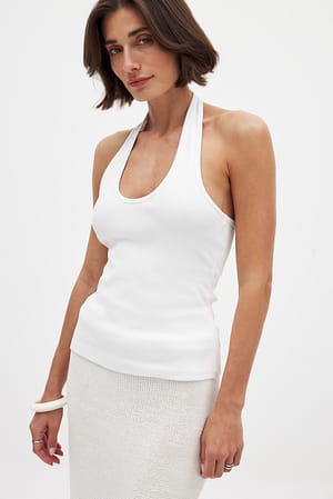 White Halterneck Rib Top