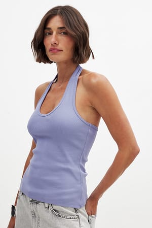 Light Blue Neckholder-Ripp-Oberteil