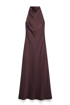 Brown Halterneck Satin Maxi Dress