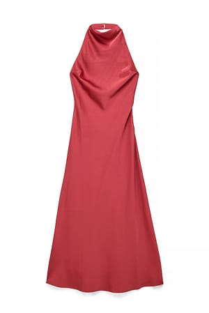 Dark Red Halterneck Satin Maxi Dress