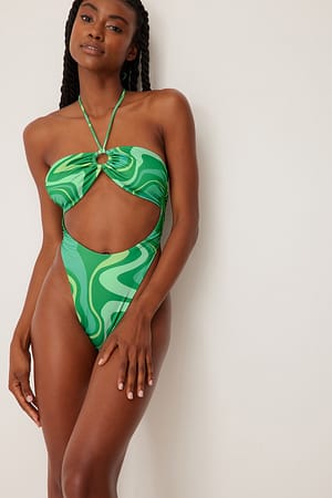 Green Print Traje de baño con detalle de anillo
