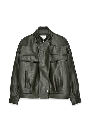Khaki Jas van imitatieleer met hoge halslijn