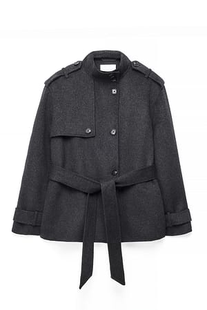 Dark Grey High Neck Wool Blend Short Coat
